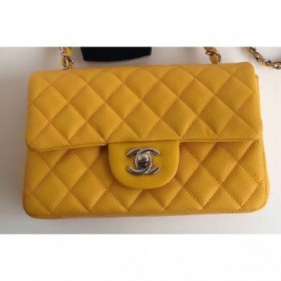 Chanel Caviar Leather Small Classic Flap Bag A1116 Yellow AQ02035 Chanel Caviar Leather Small Classic Flap Bag A1116 Yellow AQ02035