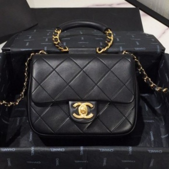 Chanel Quilted Lambskin Small Flap Bag with Ring Handle AS1357 Black 2020 Collection AQ04214 Chanel Quilted Lambskin Small Flap Bag with Ring Handle AS1357 Black 2020 Collection AQ04214