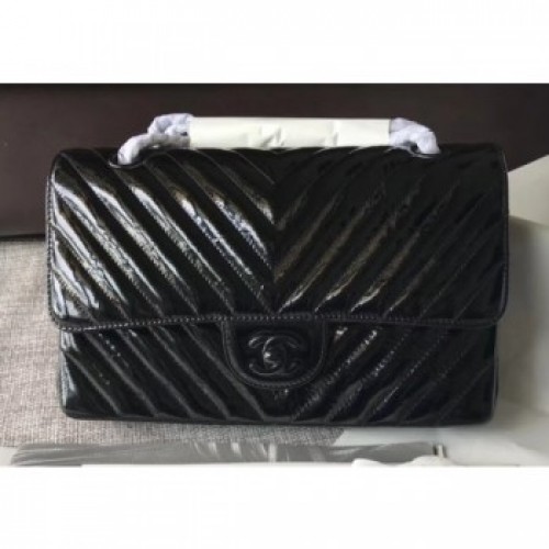 Chanel Patent Metallic Crumpled Calfskin Chevron Classic Flap Medium Bag Black 2018 AQ03994 Chanel Patent Metallic Crumpled Calfskin Chevron Classic Flap Medium Bag Black 2018 AQ03994