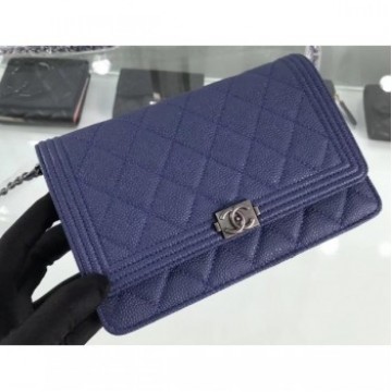 Chanel Grained Leather Boy Wallet On Chain WOC Bag A80287 Navy Blue/Silver AQ04315