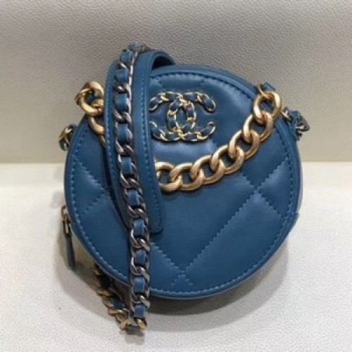 Chanel Maxi-Quilted Lambskin Round Clutch with Chain Blue 2019 Collection AQ03274 Chanel Maxi-Quilted Lambskin Round Clutch with Chain Blue 2019 Collection AQ03274