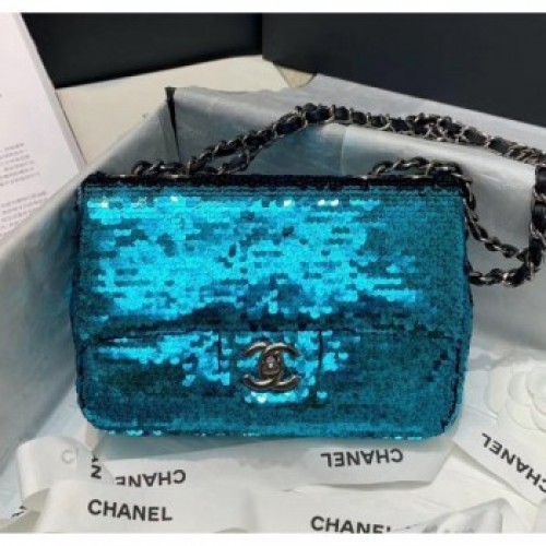 Chanel Sequins &amp; Lambskin Flap Bag AS1448 Blue 2020 Collection AQ01364