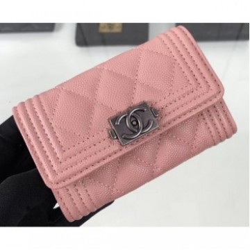 Chanel Grained Calfskin Boy Flap Card Holder A80603 Pink/Silver AQ01109
