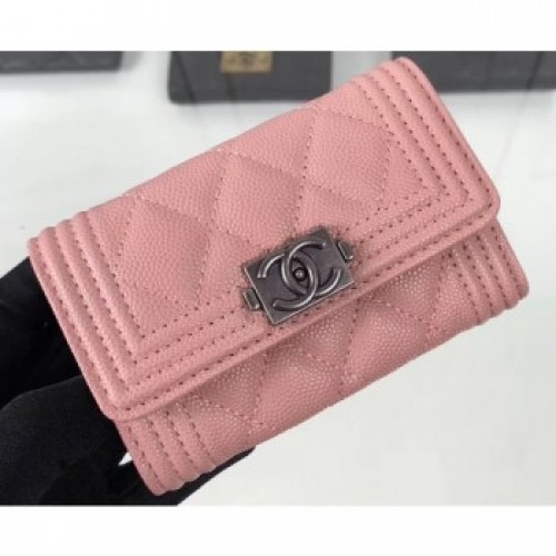 Chanel Grained Calfskin Boy Flap Card Holder A80603 Pink/Silver AQ01109