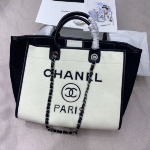 Chanel Deauville Wool Felt Medium Shopping Bag A93786 White/Black 2019 Collection AQ03255 Chanel Deauville Wool Felt Medium Shopping Bag A93786 White/Black 2019 Collection AQ03255
