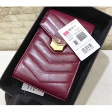 Chanel Chevron Vintage Logo Calfskin Clutch with Chain Phone Bag A81226 Burgundy 2018 AQ01851