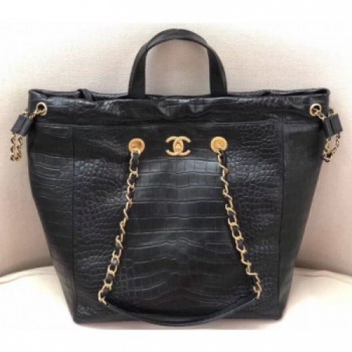Chanel Metallic Crocodile Embossed Large Shopping Bag AS0801 Black 2019 AQ02717