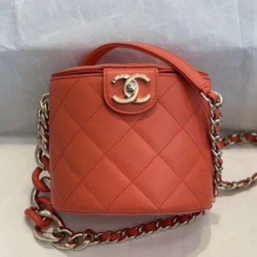 Chanel Quilted Lambskin Chain Round Vanity Case AS1355 Orange 2019 Collection AQ00782