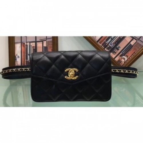 Chanel Vintage Chain Belt Quilted Fanny Pack Waist Flap Bag Lambskin Black AQ01137