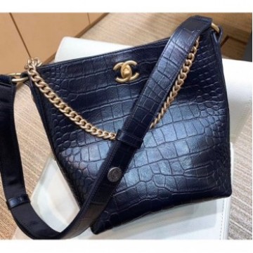 Chanel Crocodile Embossed Calfskin Button Up Hobo Bag Black 2019 AQ01499 Chanel Crocodile Embossed Calfskin Button Up Hobo Bag Black 2019 AQ01499