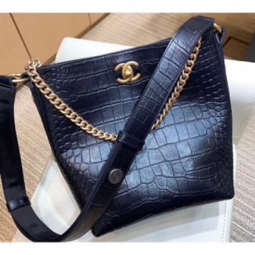Chanel Crocodile Embossed Calfskin Button Up Hobo Bag Black 2019 AQ01499 Chanel Crocodile Embossed Calfskin Button Up Hobo Bag Black 2019 AQ01499