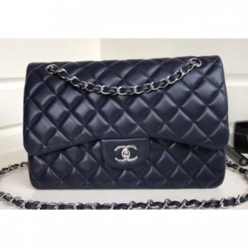 Chanel Classic Flap Jumbo/Large Bag A1113 Navy Blue in Sheepskin Leather with Silver Hardware AQ03722 Chanel Classic Flap Jumbo/Large Bag A1113 Navy Blue in Sheepskin Leather with Silver Hardware AQ03722