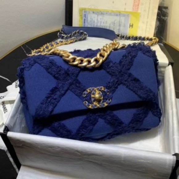 Chanel 19 Medium Maxi-Quilted Fringe Canvas Flap Bag AS1160 Blue 2020 Collection AQ00600 Chanel 19 Medium Maxi-Quilted Fringe Canvas Flap Bag AS1160 Blue 2020 Collection AQ00600