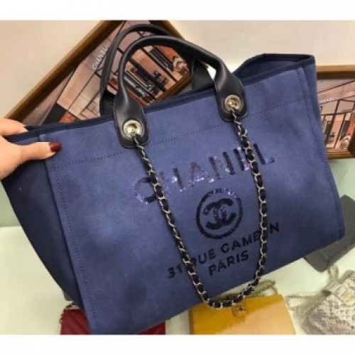 Chanel Canvas with Sequins Deauville Tote Medium Shopping Bag A66941 Dark Blue AQ00958 Chanel Canvas with Sequins Deauville Tote Medium Shopping Bag A66941 Dark Blue AQ00958