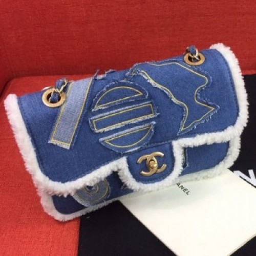 Chanel Cotton and Shearling Sheepskin Flap Bag AS0875 Blue 2019 Collection AQ04111 Chanel Cotton and Shearling Sheepskin Flap Bag AS0875 Blue 2019 Collection AQ04111
