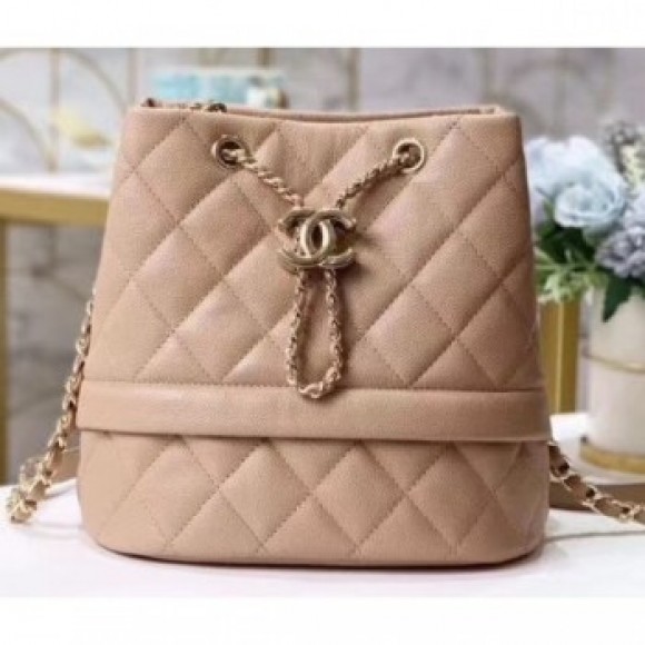 Chanel Caviar Leather Quilted Rolled Up Drawstring Bucket Bag Beige AQ03005 Chanel Caviar Leather Quilted Rolled Up Drawstring Bucket Bag Beige AQ03005