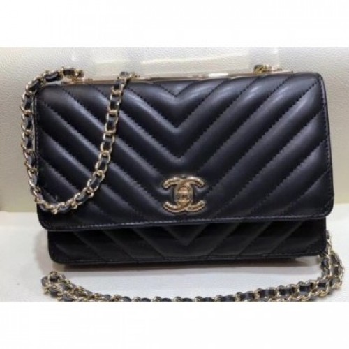 Chanel Lambskin Chevron Trendy CC Wallet On Chain WOC Bag A84456 Black 2018 AQ01957 Chanel Lambskin Chevron Trendy CC Wallet On Chain WOC Bag A84456 Black 2018 AQ01957