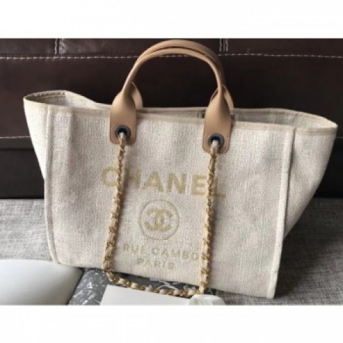 Chanel Golden Silk Thread Deauville Canvas Shopping Bag Beige 2018 AQ02214 Chanel Golden Silk Thread Deauville Canvas Shopping Bag Beige 2018 AQ02214