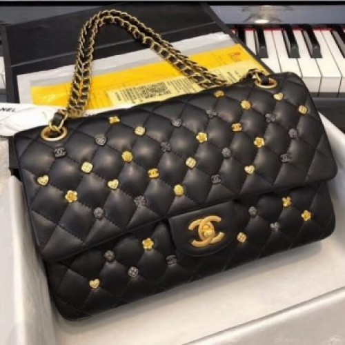 Chanel Lambskin 18k Charms Medium Classic Flap Bag A01112 Black 2018(Gold-Tone Metal) Collection AQ01200 Chanel Lambskin 18k Charms Medium Classic Flap Bag A01112 Black 2018(Gold-Tone Metal) Collection AQ01200