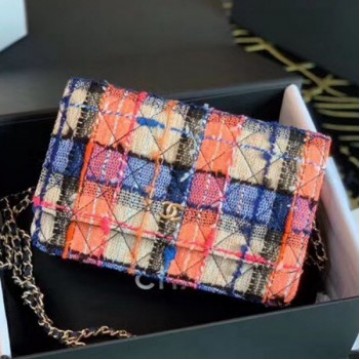 Chanel Tweed Wallet on Chain WOC A33814 Orange/Blue/Pink 2020 Collection AQ03971