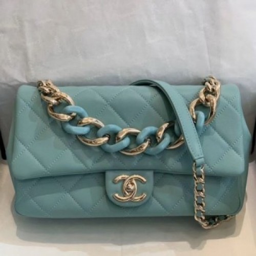 Chanel Quilted Lambskin Large Flap Bag with Resin Chain AS1354 Light Blue 2019 Collection AQ03690 Chanel Quilted Lambskin Large Flap Bag with Resin Chain AS1354 Light Blue 2019 Collection AQ03690