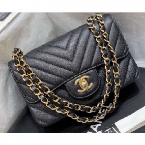 Chanel Original Quality Small Classic Flap Bag 1116 in Caviar Leather Chevron Black with Gold Hardware AQ02341