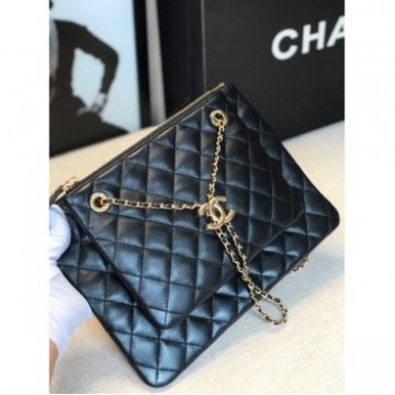 Chanel Quilted Shiny Lambskin Double Clutch with Chain AP1073 Black 2019 Collection AQ00992