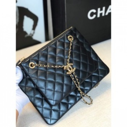 Chanel Quilted Shiny Lambskin Double Clutch with Chain AP1073 Black 2019 Collection AQ00992 Chanel Quilted Shiny Lambskin Double Clutch with Chain AP1073 Black 2019 Collection AQ00992