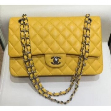 Chanel Grained Caflskin Medium Classic Flap Bag A01112 Yellow With Silver Hardware AQ03563