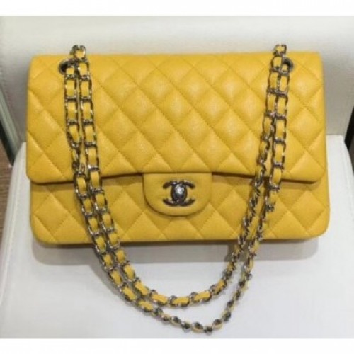 Chanel Grained Caflskin Medium Classic Flap Bag A01112 Yellow With Silver Hardware AQ03563 Chanel Grained Caflskin Medium Classic Flap Bag A01112 Yellow With Silver Hardware AQ03563