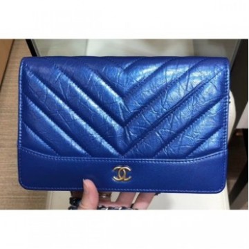 Chanel Glittered Aged Calfskin Gabrielle Wallet On Chain WOC Bag Chevron Blue 2019 AQ02315