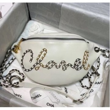 Chanel Calfskin & Chain Logo Waist Bag AS1783 White 2020 Collection AQ02295 Chanel Calfskin & Chain Logo Waist Bag AS1783 White 2020 Collection AQ02295
