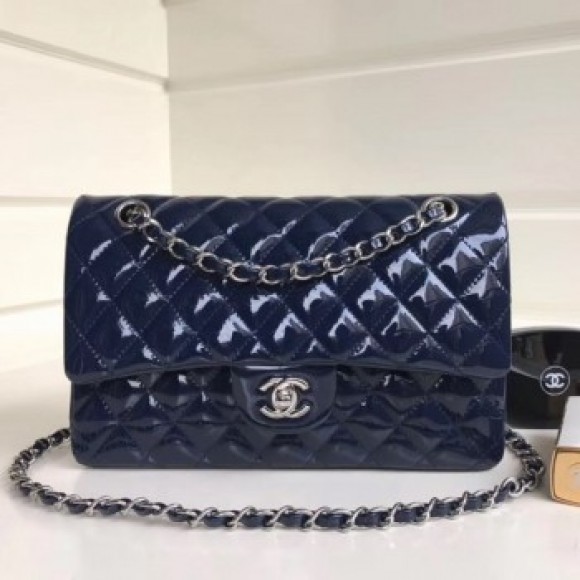 Chanel Patent Calfskin Medium Classic Flap Bag A1112 Deep BlueSilver Hardware Collection AQ04080 Chanel Patent Calfskin Medium Classic Flap Bag A1112 Deep BlueSilver Hardware Collection AQ04080
