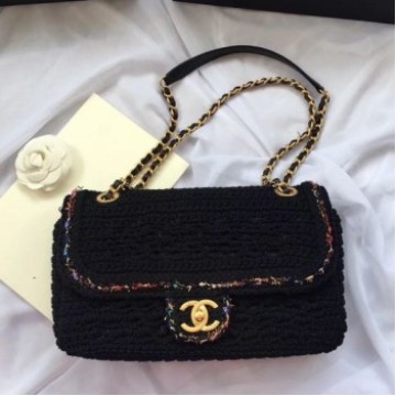 Chanel Crochet Colored Stripe Trim Medium Flap Bag Black 2019 Collection AQ01864