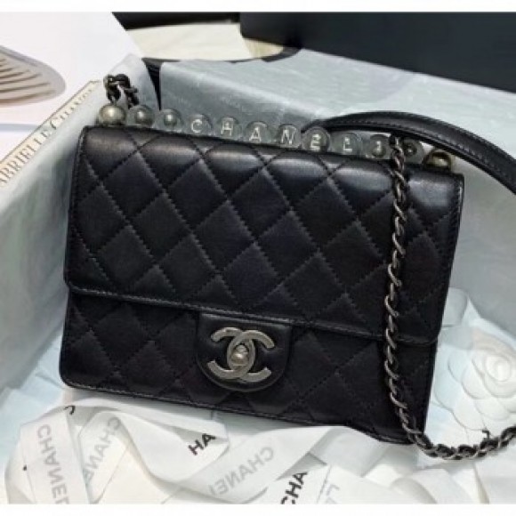 Chanel Acrylic Beads Goatskin Small Falp Bag AS0585 Black/Silver 2020 Collection AQ02394 Chanel Acrylic Beads Goatskin Small Falp Bag AS0585 Black/Silver 2020 Collection AQ02394