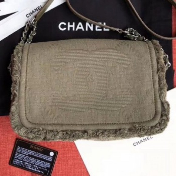 Chanel Fringe Trim Fabric CC Flap Bag Olive Green 2019 Collection AQ02313 Chanel Fringe Trim Fabric CC Flap Bag Olive Green 2019 Collection AQ02313