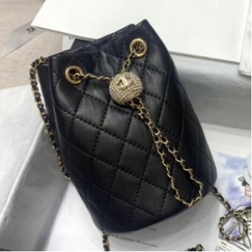 Chanel Quilted Lambskin Drawstring Bucket Bag with Crystal Ball Charm AS1894 Black 2020 Collection AQ00544 Chanel Quilted Lambskin Drawstring Bucket Bag with Crystal Ball Charm AS1894 Black 2020 Collection AQ00544