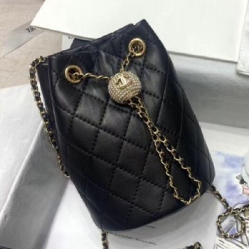 Chanel Quilted Lambskin Drawstring Bucket Bag with Crystal Ball Charm AS1894 Black 2020 Collection AQ00544 Chanel Quilted Lambskin Drawstring Bucket Bag with Crystal Ball Charm AS1894 Black 2020 Collection AQ00544