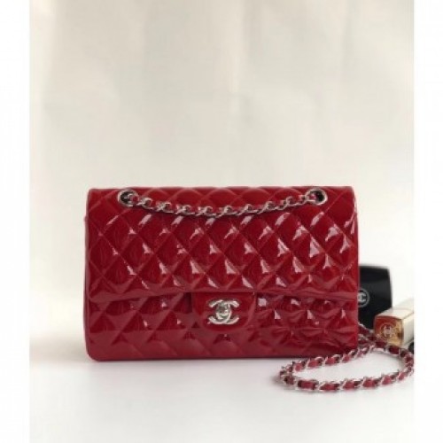 Chanel Patent Calfskin Medium Classic Flap Bag A1112 RedSilver Hardware Collection AQ01315