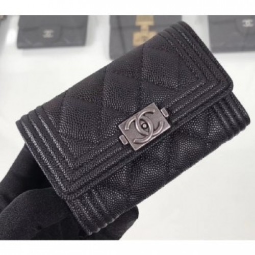 Chanel Grained Calfskin Boy Flap Card Holder A80603 Black/Silver AQ04287