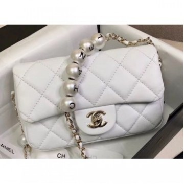 Chanel Logo Chain Pearl Small Flap Bag AS1436 White 2020 AQ03184 Chanel Logo Chain Pearl Small Flap Bag AS1436 White 2020 AQ03184