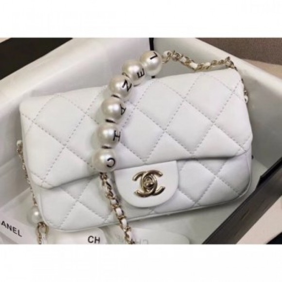 Chanel Logo Chain Pearl Small Flap Bag AS1436 White 2020 AQ03184 Chanel Logo Chain Pearl Small Flap Bag AS1436 White 2020 AQ03184