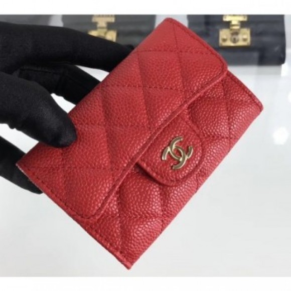 Chanel Grained Leather Classic Flap Card Holder A80799 Red/Gold AQ01360 Chanel Grained Leather Classic Flap Card Holder A80799 Red/Gold AQ01360