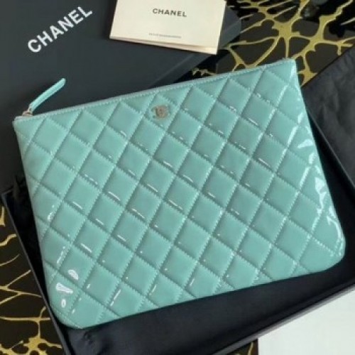 Chanel Quilted Patent Leather Medium Pouch Blue 2020 Collection AQ00741 Chanel Quilted Patent Leather Medium Pouch Blue 2020 Collection AQ00741