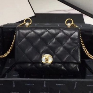 Chanel Quilted Leather Pearl Trim Small Flap Bag AS1170 Black 2019 Collection AQ03918 Chanel Quilted Leather Pearl Trim Small Flap Bag AS1170 Black 2019 Collection AQ03918