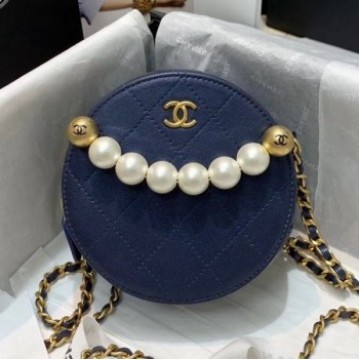 Chanel Quilted Leather Pearl Round Clutch with Chain Blue 2019 Collection AQ03173 Chanel Quilted Leather Pearl Round Clutch with Chain Blue 2019 Collection AQ03173