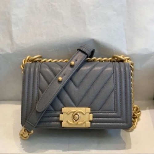 Chanel Chevron Grained Calfskin Small Boy Flap Bag A67085 Gray/Bright Gold 2019 Collection AQ02143