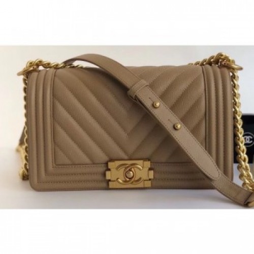 Chanel Caviar Leather Chevron Boy Flap Medium Bag Tan/Gold AQ01110 Chanel Caviar Leather Chevron Boy Flap Medium Bag Tan/Gold AQ01110