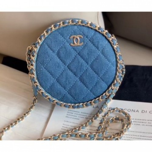 Chanel Chain Around Round Clutch with Chain AP0739 Denim Light Blue 2019 AQ01151 Chanel Chain Around Round Clutch with Chain AP0739 Denim Light Blue 2019 AQ01151