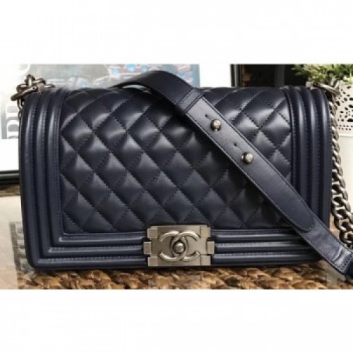 Chanel Lambskin Boy Flap Medium Bag Navy Blue/Silver AQ01857 Chanel Lambskin Boy Flap Medium Bag Navy Blue/Silver AQ01857